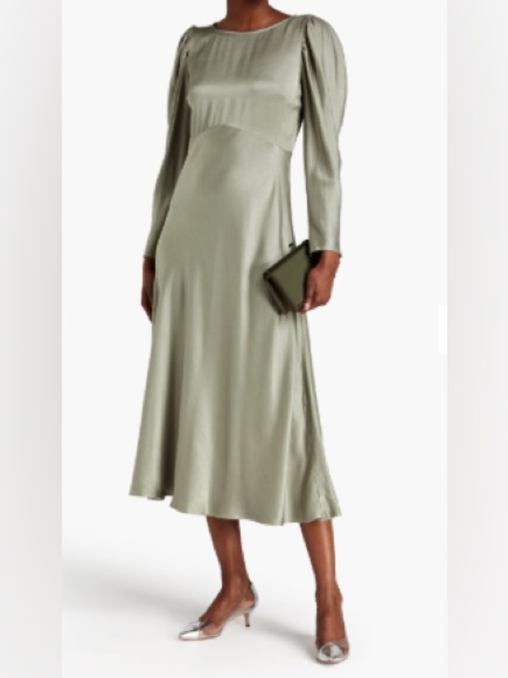 GHOST London Rosaleen Satin-Crepe Long-Sleeve Midi Dress Sage Green NWT
